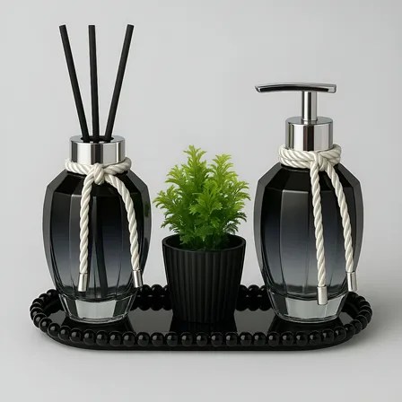 Kit Lavabo Banheiro Luxo Difusor Aromatizador De Ambiente Com Bandeja E Sabonete Líquido Cor&nbsp;Preto
