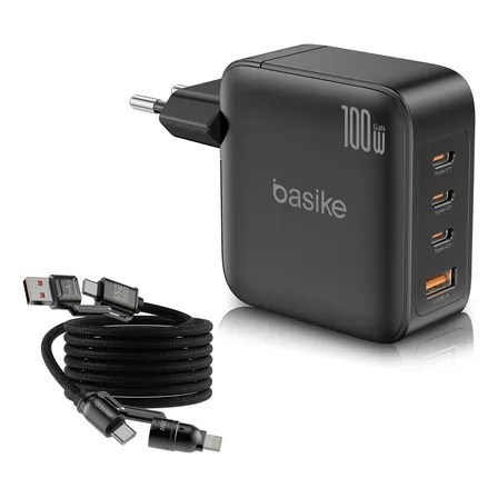 Carregador Usb-c 3 Usb-a 1 Portas + Cabo De Dados 4 Em 1, 100w Gan Carregador Rápido Multiporta, Adaptador De Energia…&nbsp;Preto-100w